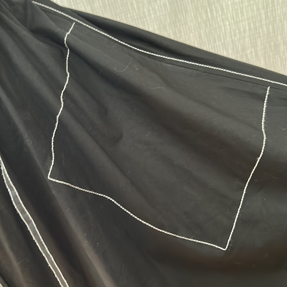 Black Cotton Midi Flared Skirt with White Buttons and White Stitches - Picture 4 of 8